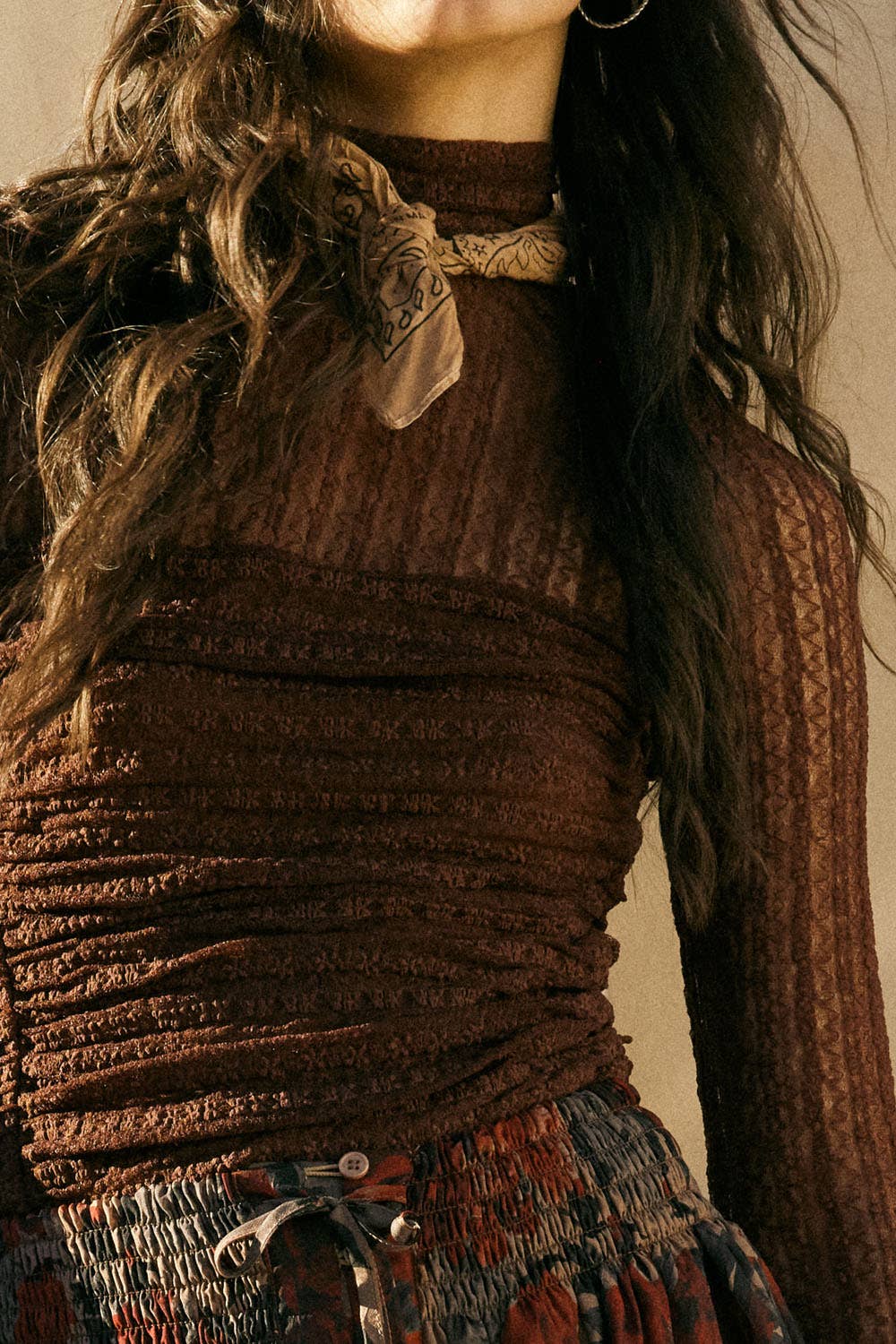 Promesa USA - Wholesale Bodysuit - Women's - Striped Floral Lace Ruched Mock-Neck Bodysuit1