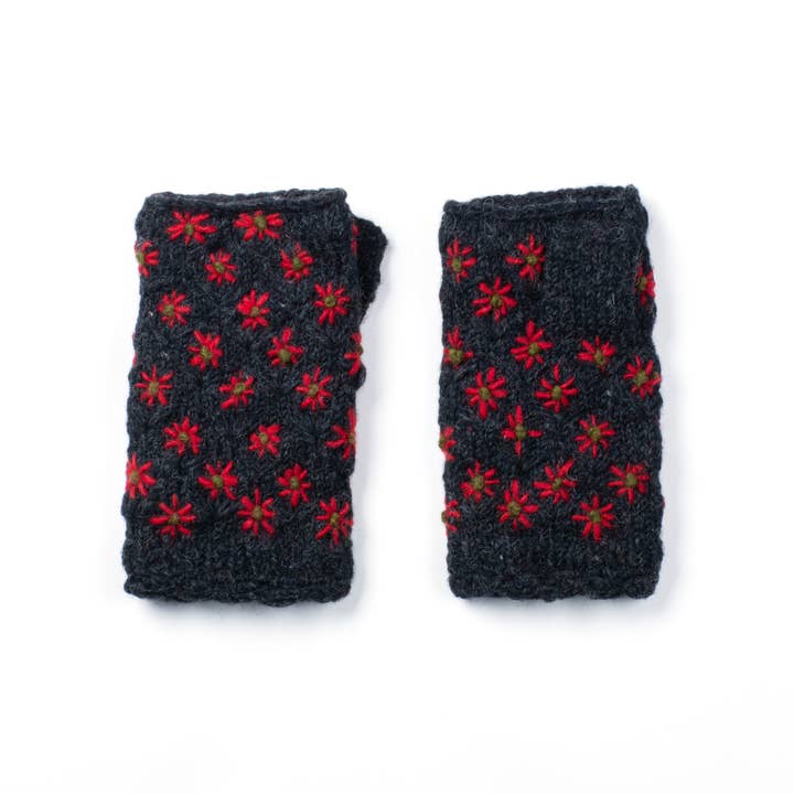 Lost Horizons Knitwear - Wholesale Mittens - Women's - Anaya Handwarmers – Wool Knit with Floral Embroidery4