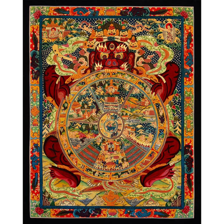 Roue Sacrée de la Vie Thangka – Un Aperçu du Samsara pour la vente par Boudha Stupa Thanka Centre