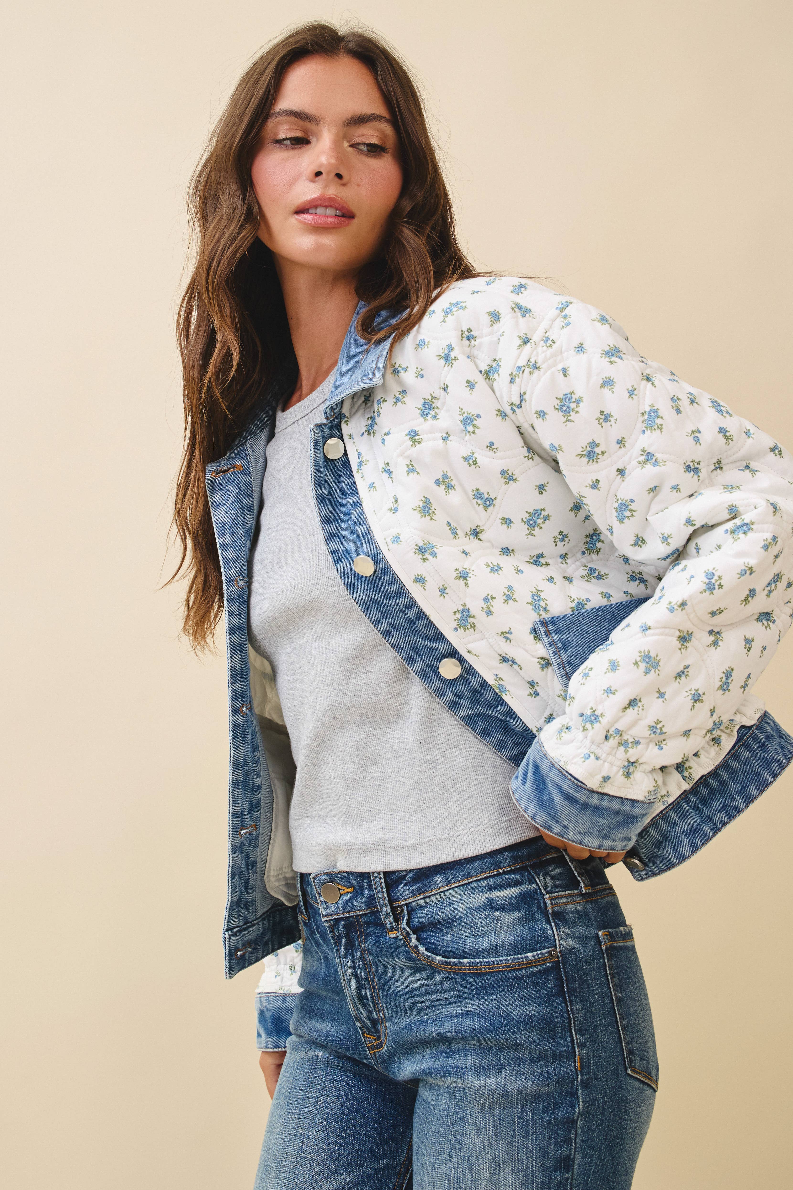 5166GK Floral Quilted Denim Trim Jacket for wholesale on Faire9