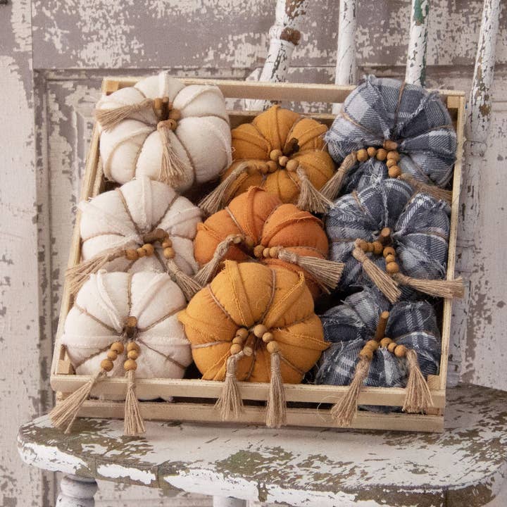Crate Of 9 - Fabric Pumpkins With Bead Tassel (Pk/09 Ast) for wholesale by Audrey's Home & Gift