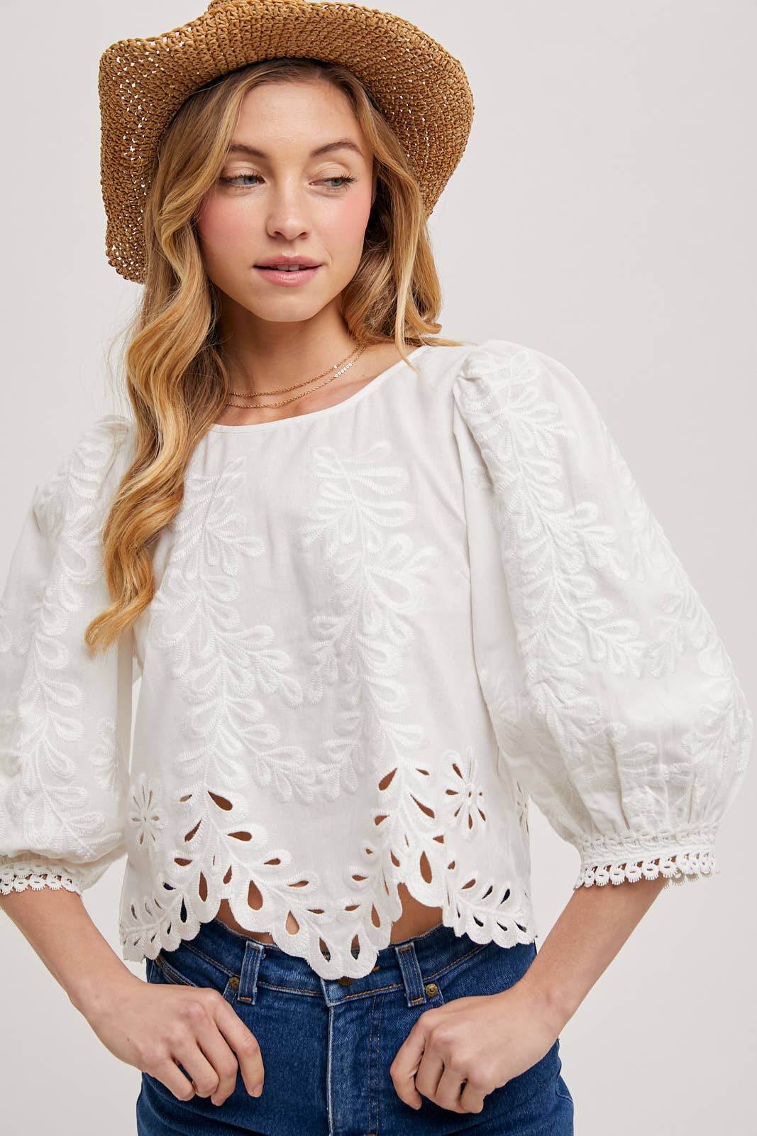 Bluivy - Wholesale Blouse - Women's - LACE CUTOUTS BOTTOM HEM BUBBLE SLEEVED TOP - EASTER DAY