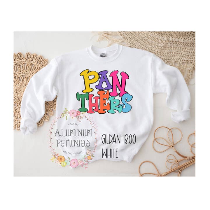 Panthers Mascot Gildan Sweatshirt/Jumping Jack Font for wholesale by Aluminum Petunias