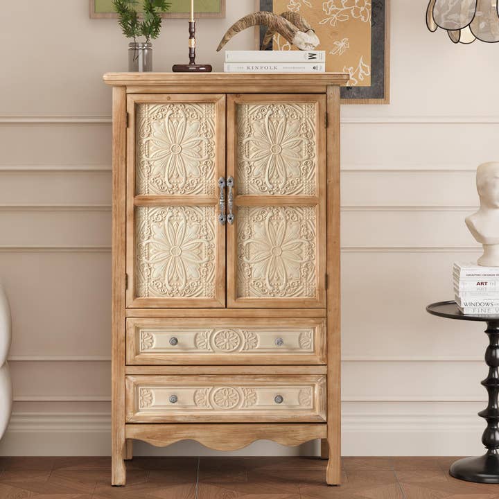 Carved Pattern Pantry Organizer, Farmhouse Sideboard Cabinet for wholesale by Heynemo