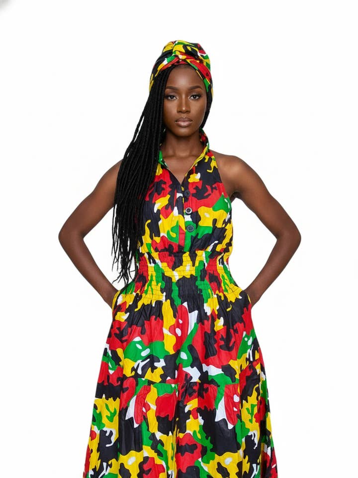 Smocked Halter Dress With Scarf Army Rasta - 3028L for wholesale by India Batik