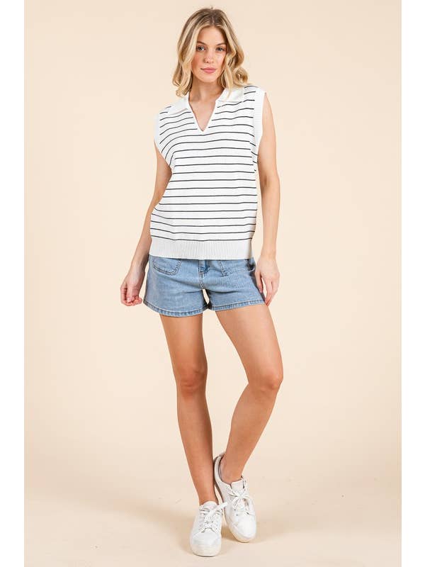 White Black Striped Sweater Vest Top OT51410 for wholesale on Faire