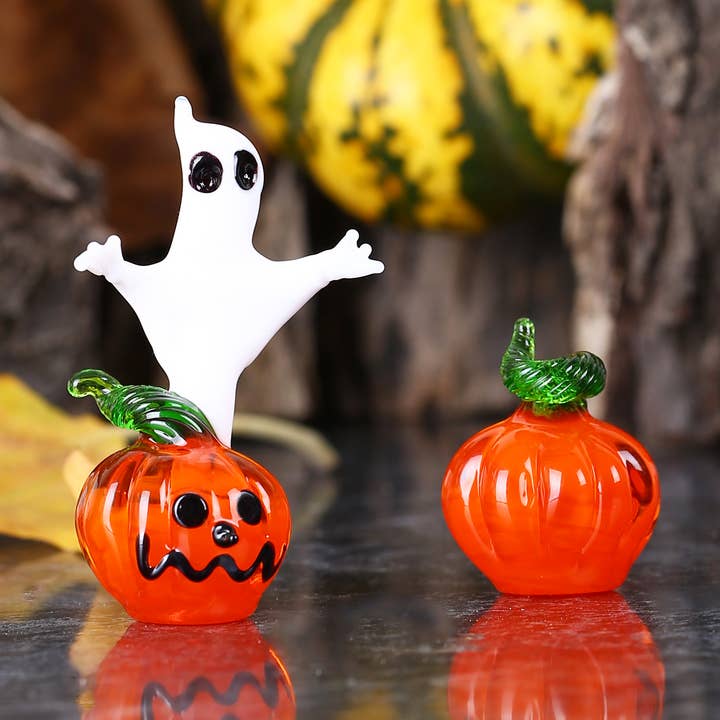 Glass Halloween ghost on pumpkin, fall miniature, spooky, for wholesale by Adamodart
