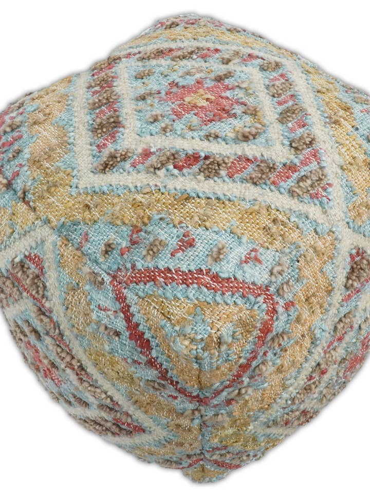 Handgeweven Boho Tribal Mosterd en Roze Jute en Wol Poef voor wholesale door The Rug Decor, Inc.