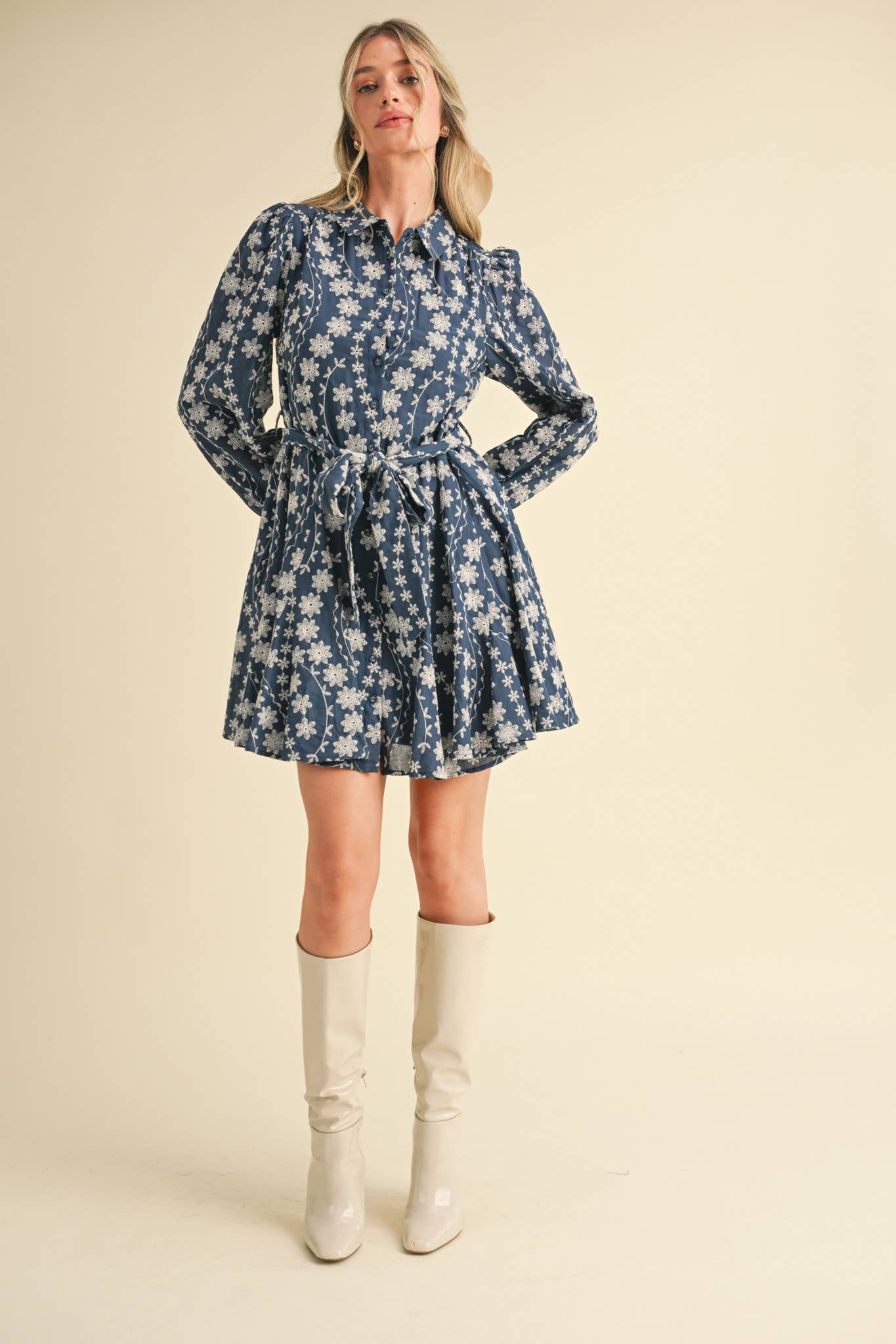 &MERCI - Wholesale Dress - Women's - FLORAL EMBROIDERY BUTTON DOWN FLARED MINI DRESS MDR342724