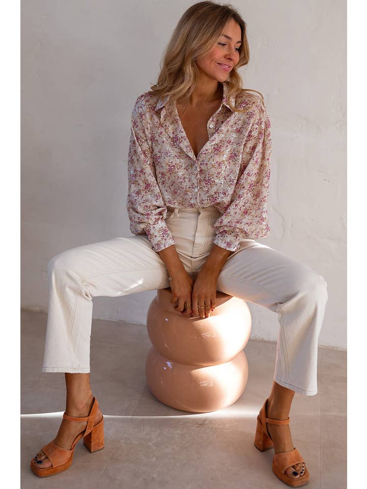 Pink Bishop Sleeve Collared V Neck Shirt for wholesale on Faire
