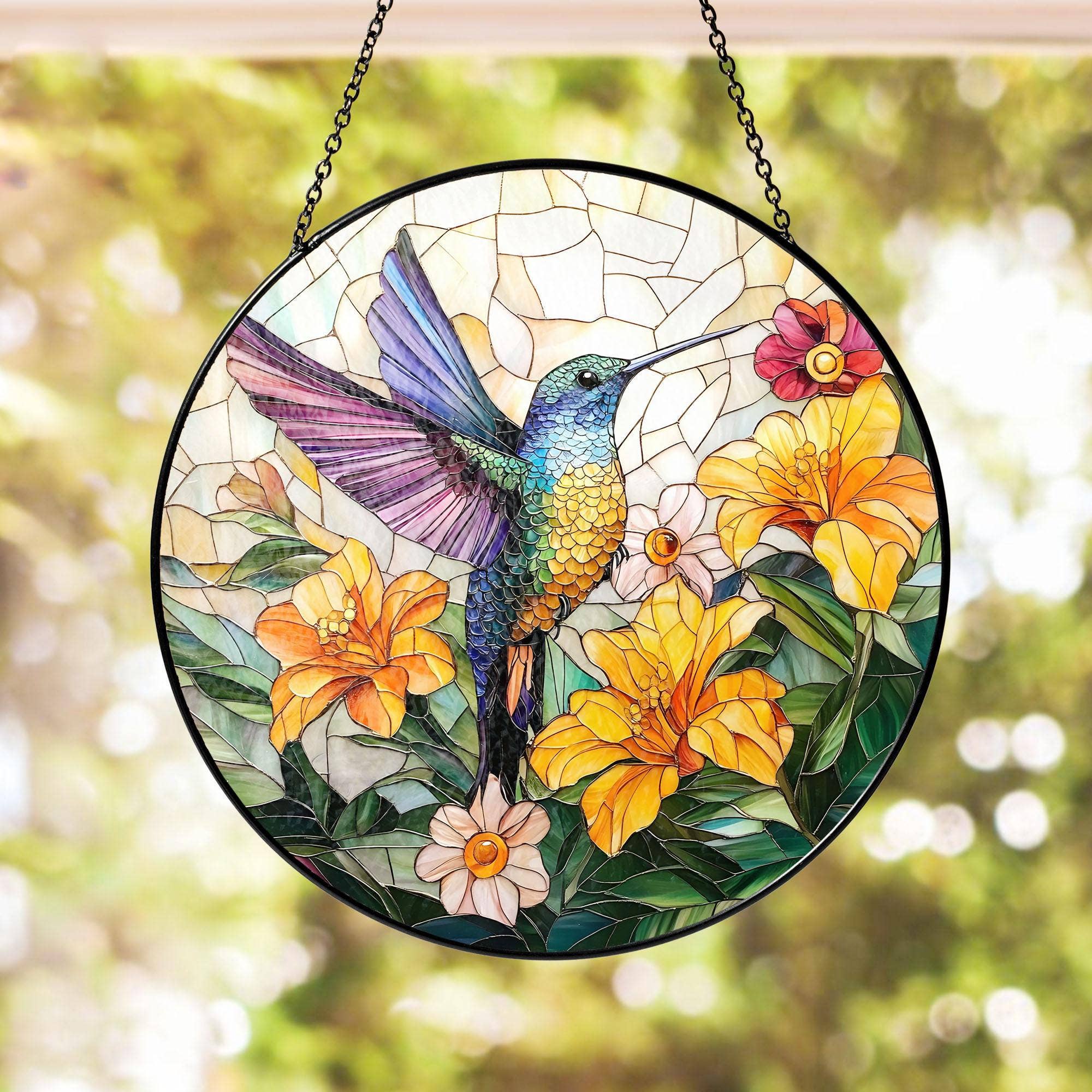 TMLECOM LTD – wholesale Suncatcher – Hummingbird Glass Suncatcher, ,Bird With Flower Window Decor1