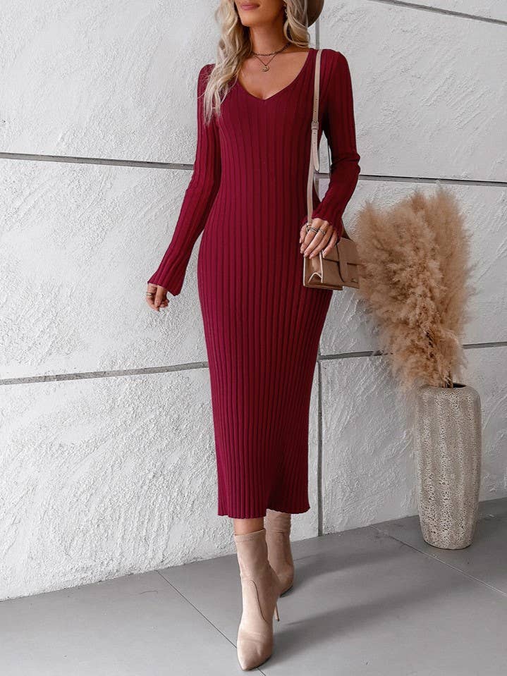 HIDDENBRAND - Wholesale Dress - Women's - basic knit ribbed sweater midi dress9