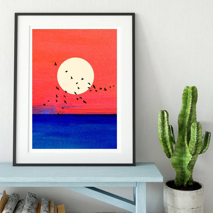 Birds Flying - Rouge et Bleu - Impression artistique pour la vente par Drawn Together Art Collective