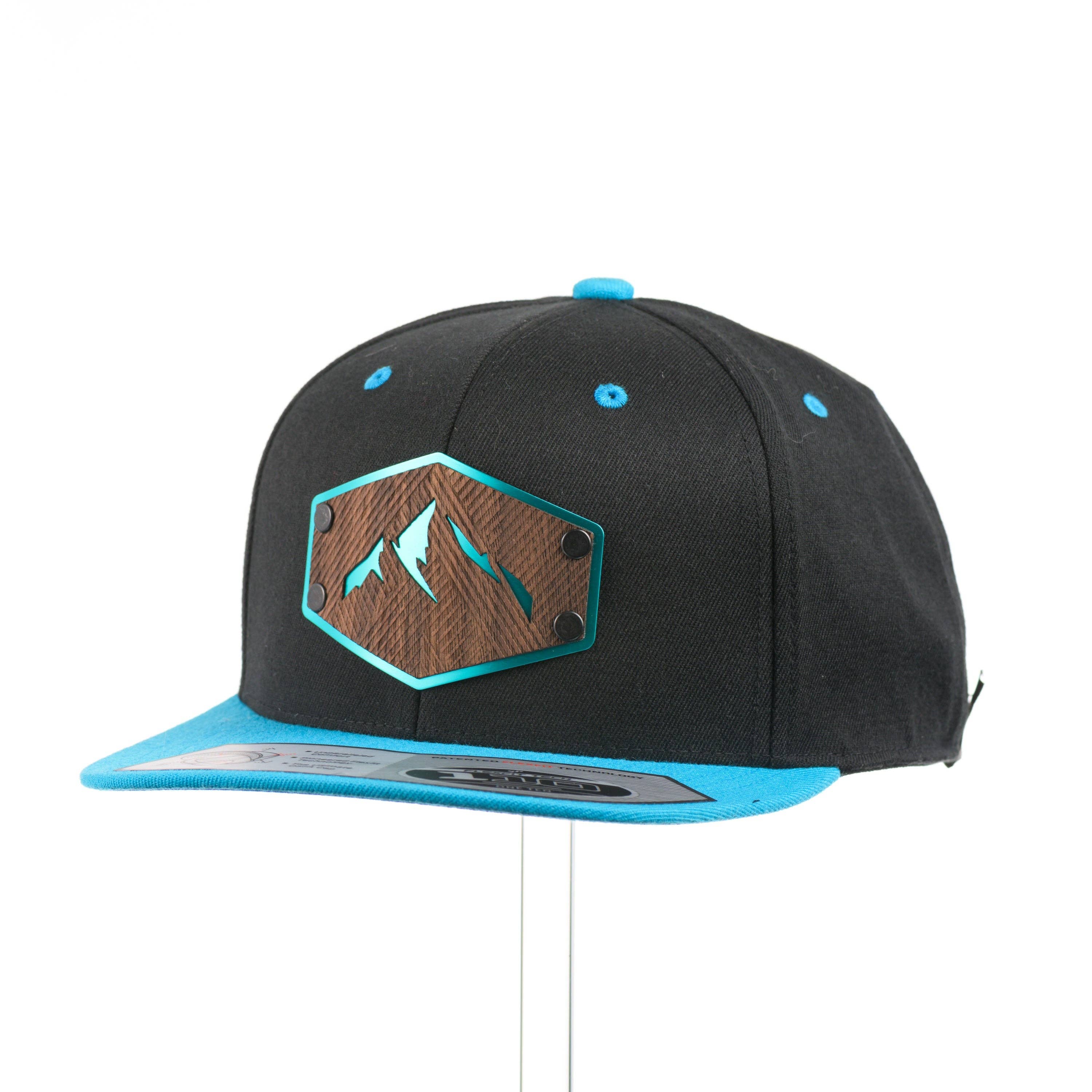 Last Best Supply Co - Wholesale Flat Brim Cap - Unisex - Walnut Wood Mountains Flexfit Black & Teal Flat Bill Hat1