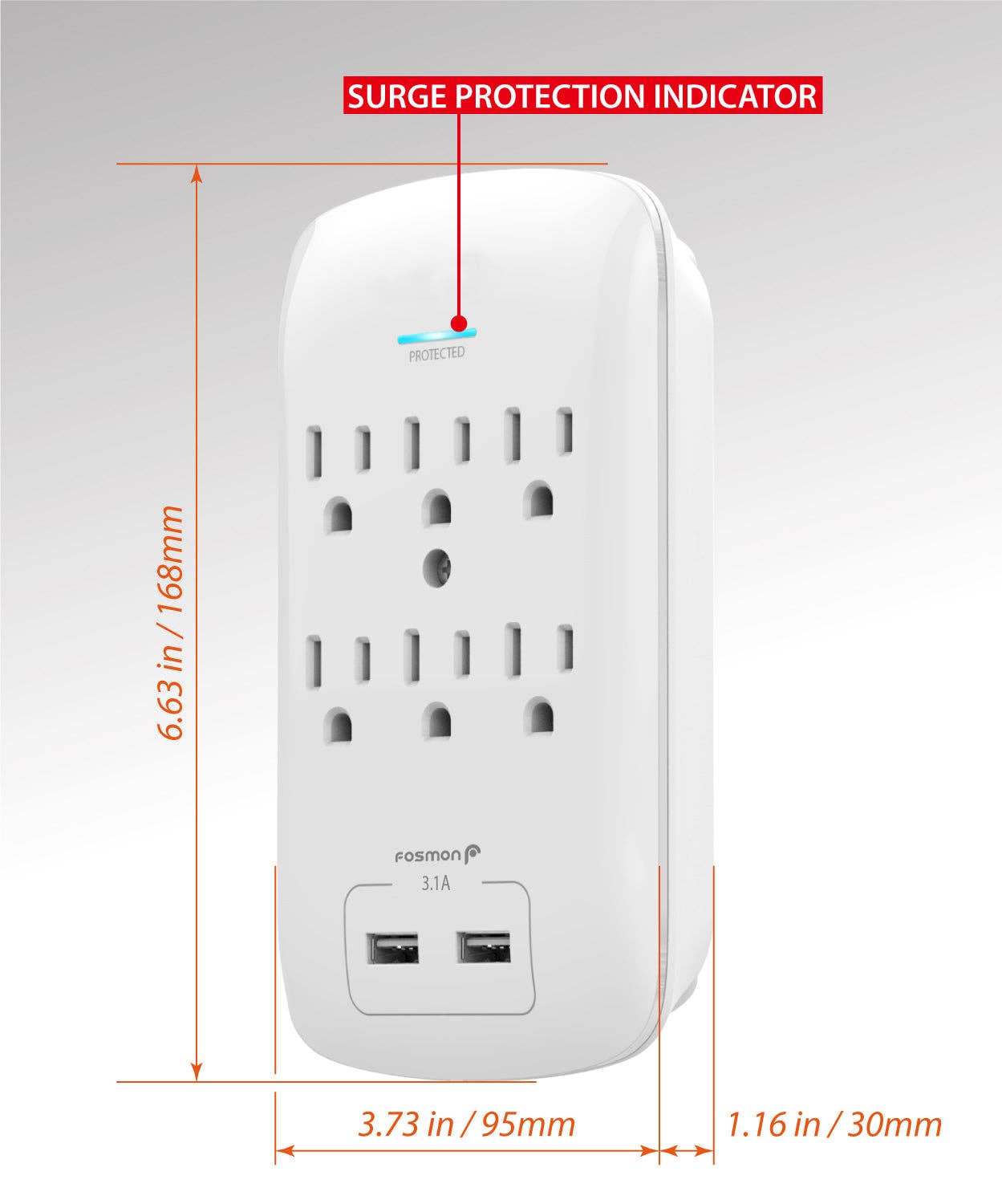 Fosmon - Wholesale Power Adapter - 6 Outlet 1200 Joules Surge Protector with 2 USB Ports5