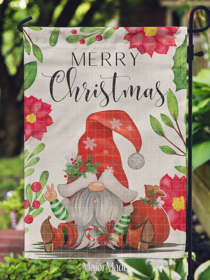 Bandera de jardín con diseño de gnomo y flor de pascua de Navidad para venta al por mayor de MajorMade Design Co
