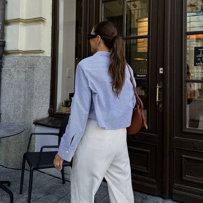 Bleu Chemise courte rayée à manches longues pour femmes SKT270 en vente sur Faire1