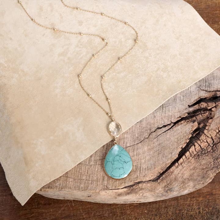 PennyLine inc - Wholesale Pendant/Charm Necklace - Boho Minimal Long Necklace with Teardrop Natural Stone Pendant – Worn Gold Tone