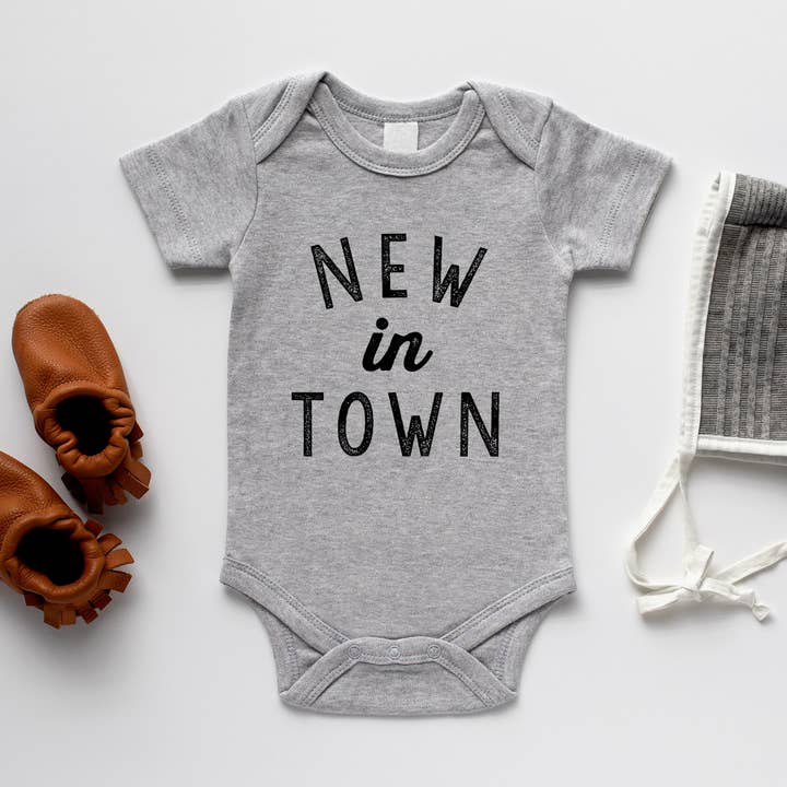 Gray New In Town Baby Bodysuit for wholesale by Gladfolk