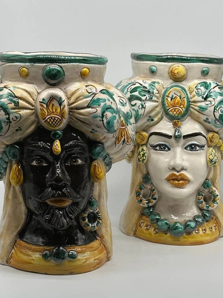 Teste di Moro Persia Ceramica Caltagirone cm H.30 L.22 Handcrafted Green Baroque Decor for wholesale by DD Ceramiche Siciliane
