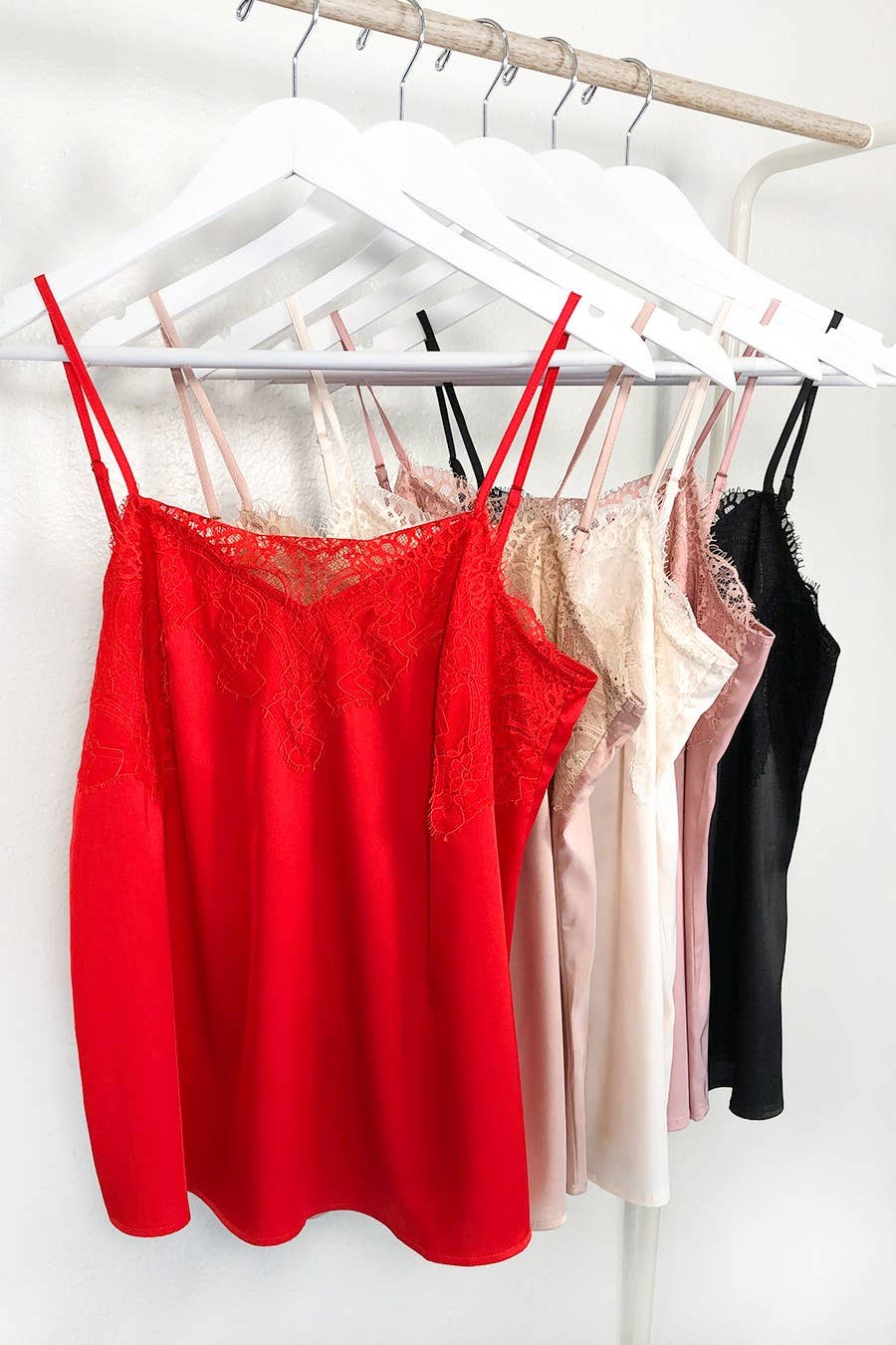 Vine & Love - Wholesale Camisole - Women's - Adjustable Straps Lace Trim Satin Camisole Tank Top VT3184117