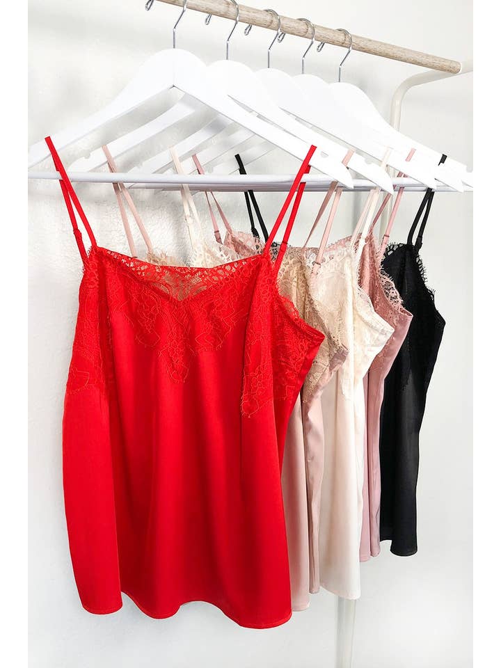 Vine & Love - Wholesale Camisole - Women's - Adjustable Straps Lace Trim Satin Camisole Tank Top VT3184117