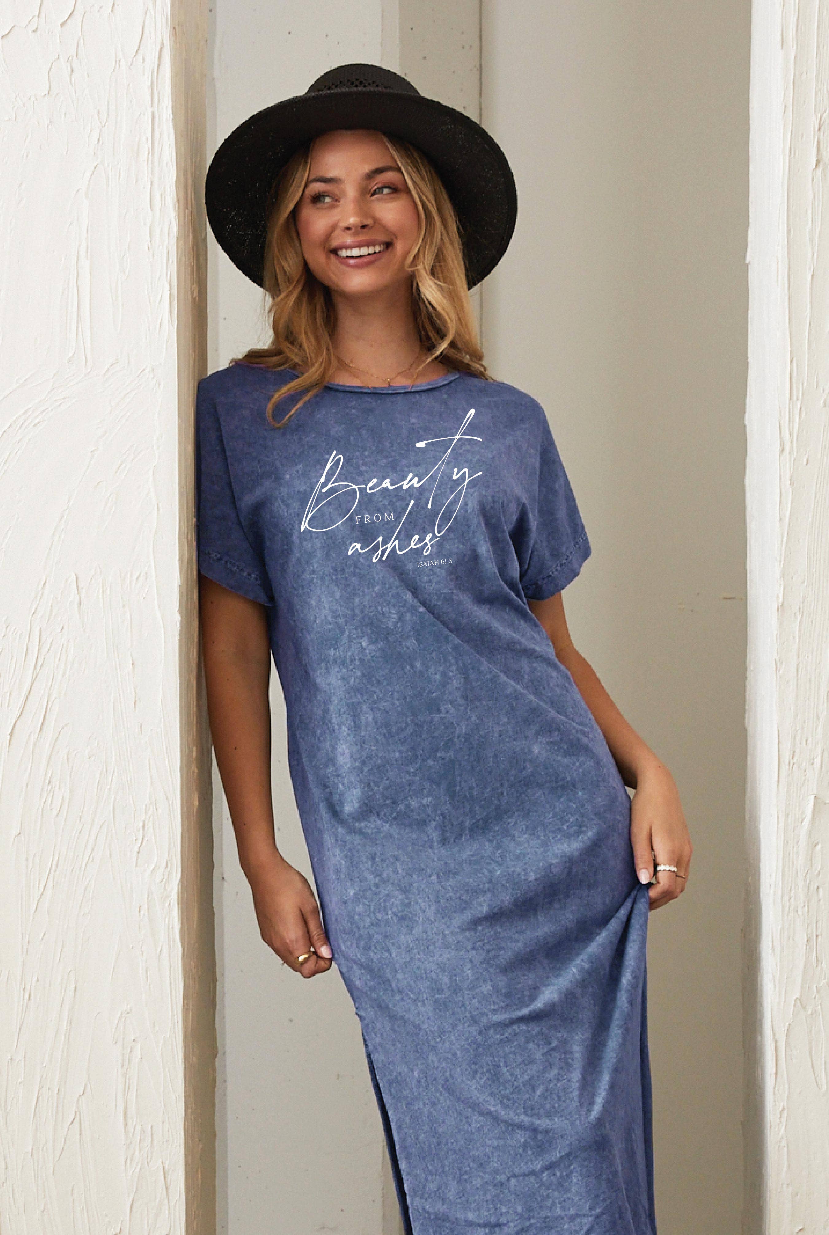 OAT COLLECTIVE - Wholesale Dress - Women's - BEAUTY FROM ASHES ISAIAH 61:3 Mineral Washed Graphic Dress1