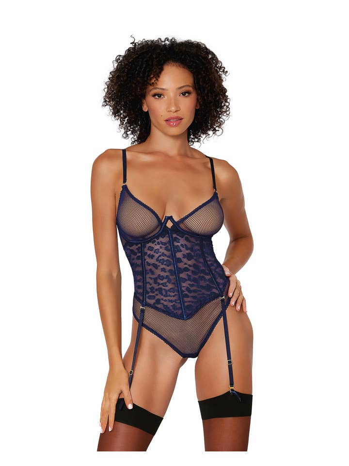 Nocturnal Leopard Mesh & Fishnet Garter Teddy with Gold Accents for wholesale on Faire