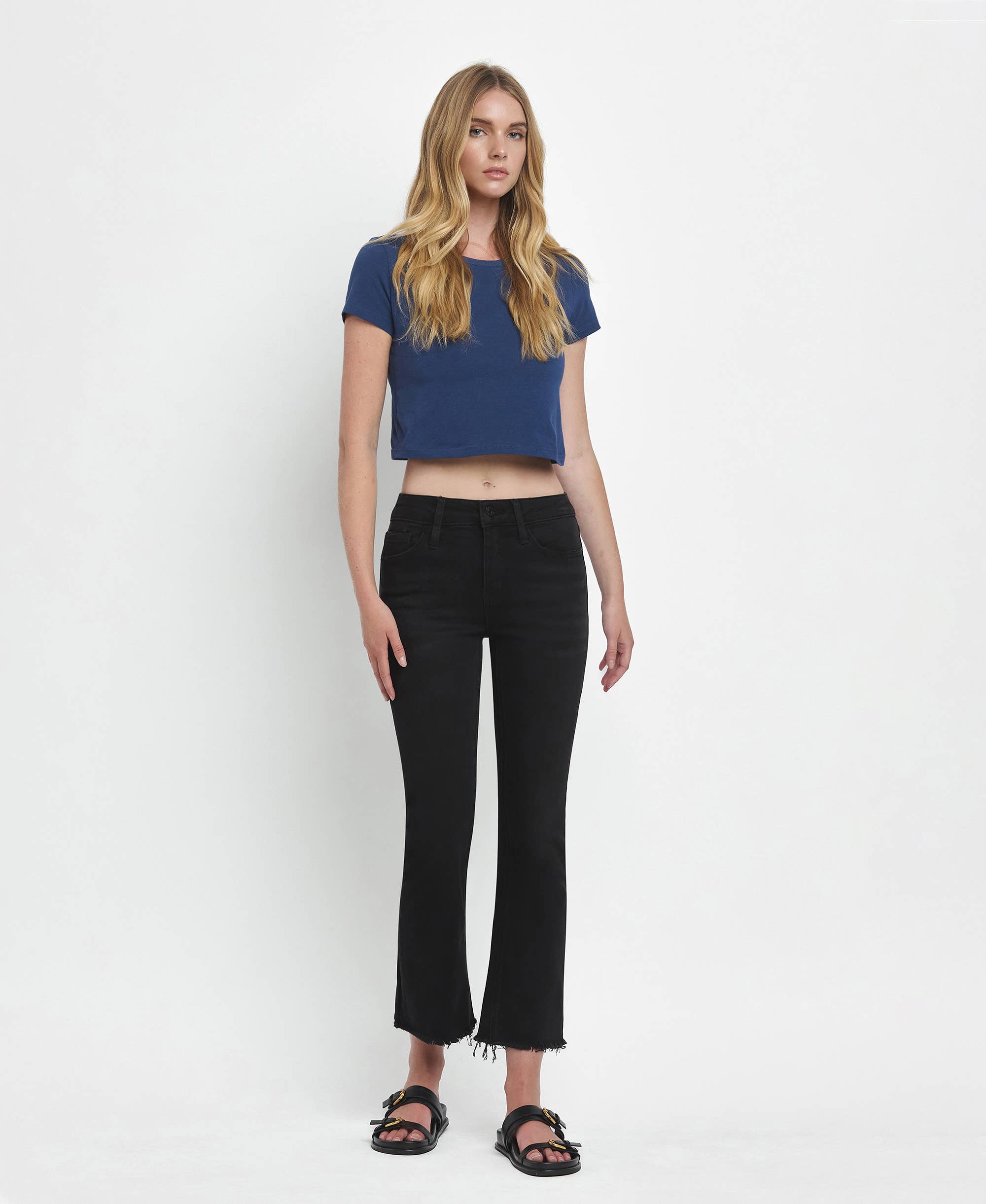GRANDEUR MID RISE RAW DISTRESSED HEM CROP FLARE JEANS LV1145 for wholesale on Faire3