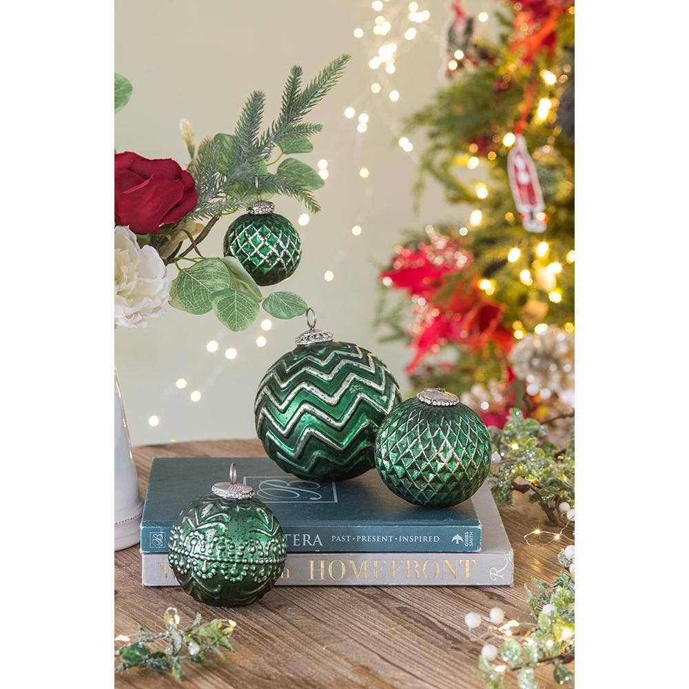 A&B Home Group Inc. - Wholesale Ornament - D5x5.5" Mercury Glass Chevron Pattern Ball Ornament - Green6