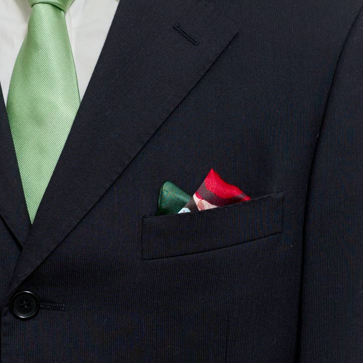 Deep Green "Lost Cherries" Silk Pocket Square for wholesale on Faire2