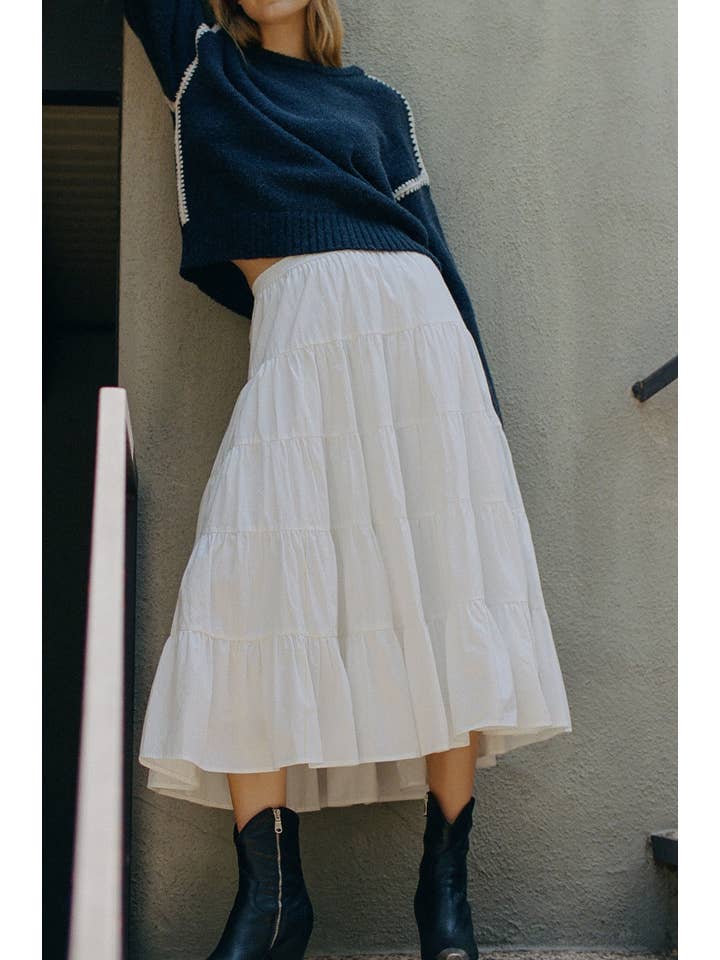 Off White L7473 | Woven Cotton Flare Ruffled Midi Skirt for wholesale on Faire