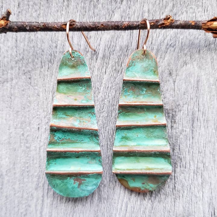 Scalloped Ocean Green Patina Earrings for wholesale by Crystal Borealis Studio