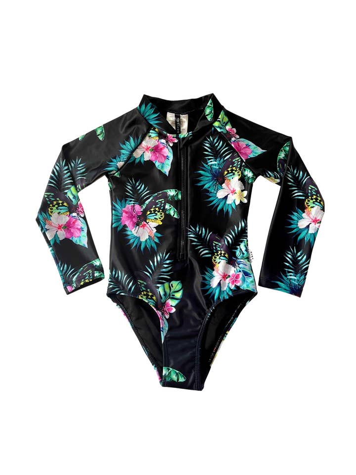 Tribe Tropical - Wholesale One Piece Swimsuit - Kids - Girls Long-Sleeve UPF50+ Swimsuit - 'Daintree Dusk'1