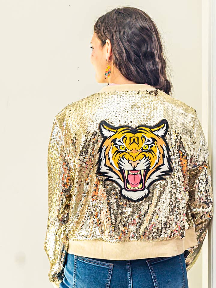 Soderena Gold Sequin Tiger Bomber for wholesale by Soderena Designs
