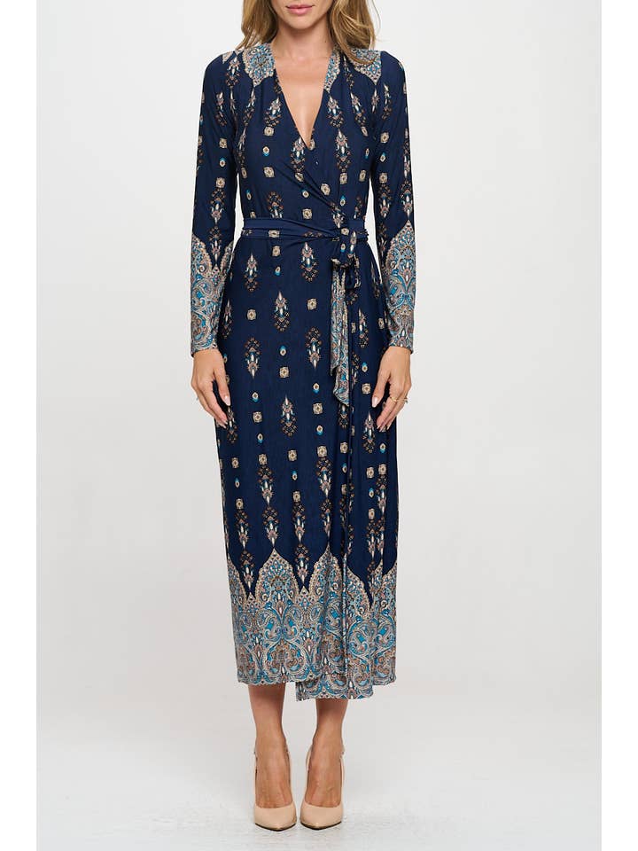 Navy Made in USA Brushed Knit Print V neck Jersey Wrap Maxi Dress for wholesale on Faire