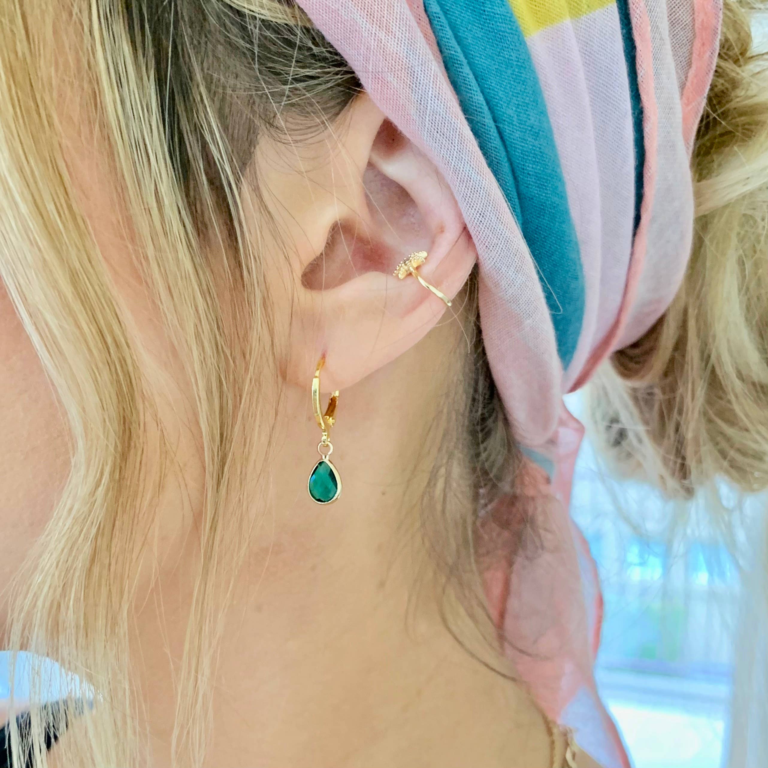 SALT by Sarah Curtis - Wholesale Huggie Earrings - TEAL EMERALD GEM HOOPS | gold | faceted gem earrings3