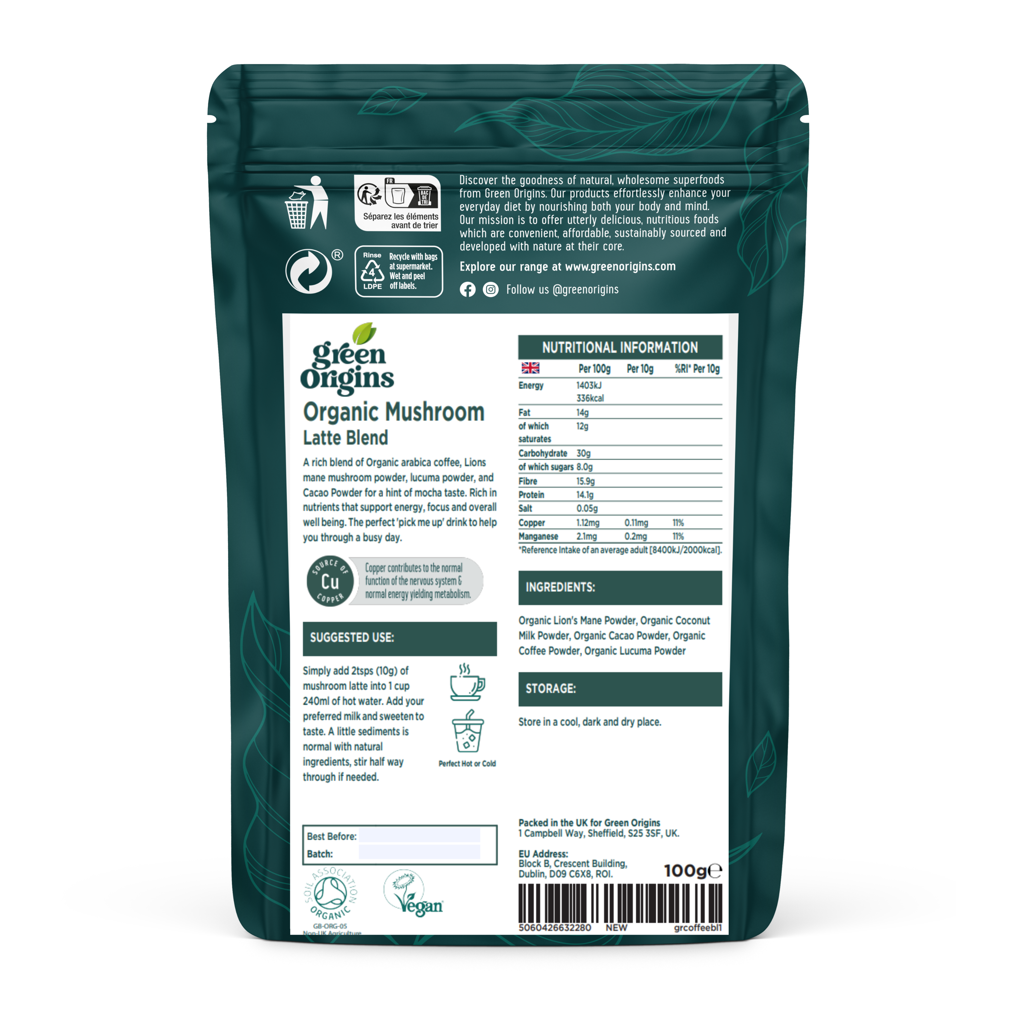 Brand Organic – wholesale Powdered health drink – Green Origins Mushroom Latte 100g Organic Vegan3