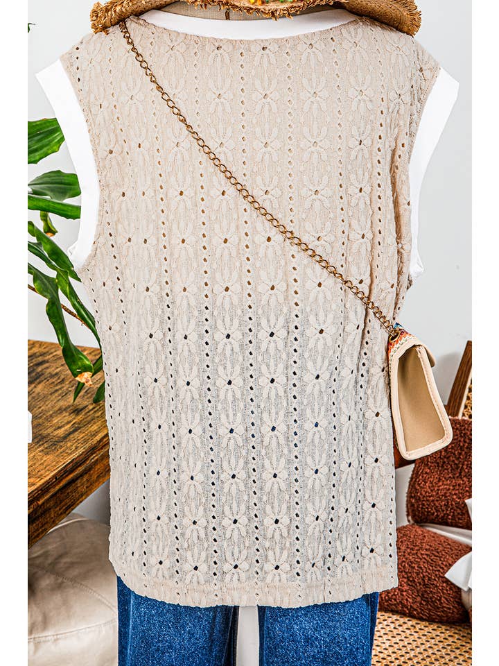 As shown Fashion-W Floral Textured Crew Neck Tank Top for wholesale on Faire