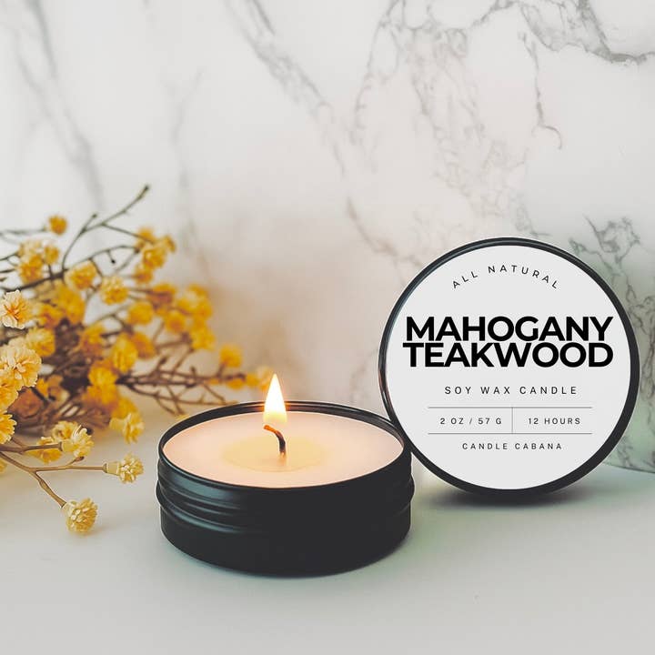 Mahogany Teakwood 2 oz Travel Tin Candle – 100% Natural Soy for wholesale by Candle Cabana