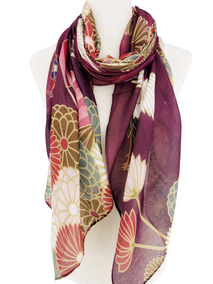 JC071140 Burgundy-Multi Crane & Floral Scarf for wholesale by JC Sunny Fashion