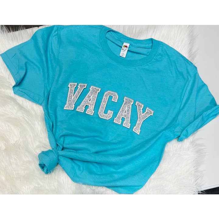 VACAY GLITTER EMBROIDERED PATCHES Tshirt for wholesale by Exclusive Thredz