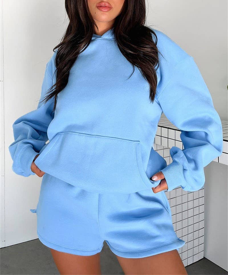 HIDDENBRAND - Wholesale Lounge Set - Women's - basic pocket hoodie &  drawstring short set outfits12