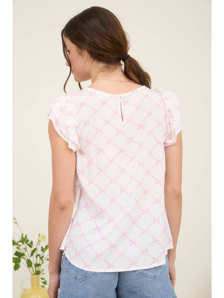 MINE - Wholesale Blouse - Women's - PLUS BOW CLIP DOT PATTERN RUFFLE SLEEVE BLOUSE