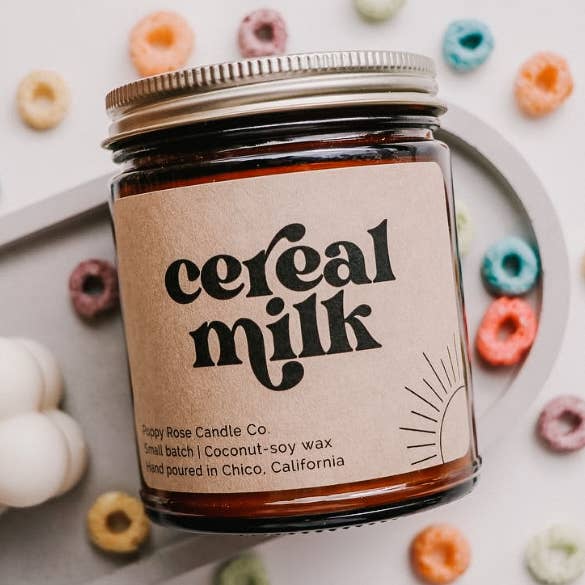 Cereal Milk 8 oz coconut wax amber jar candle for wholesale by Poppy Rose Candle Co.