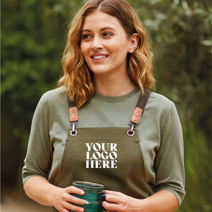 Custom Logo Cross Back Apron with Clip and Clasp for wholesale by Lovetree Design