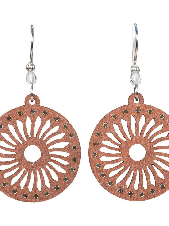 Fan 2 Blooms Earring with Silver Foil on Surgical Steel for wholesale by Woodcutts Inc.