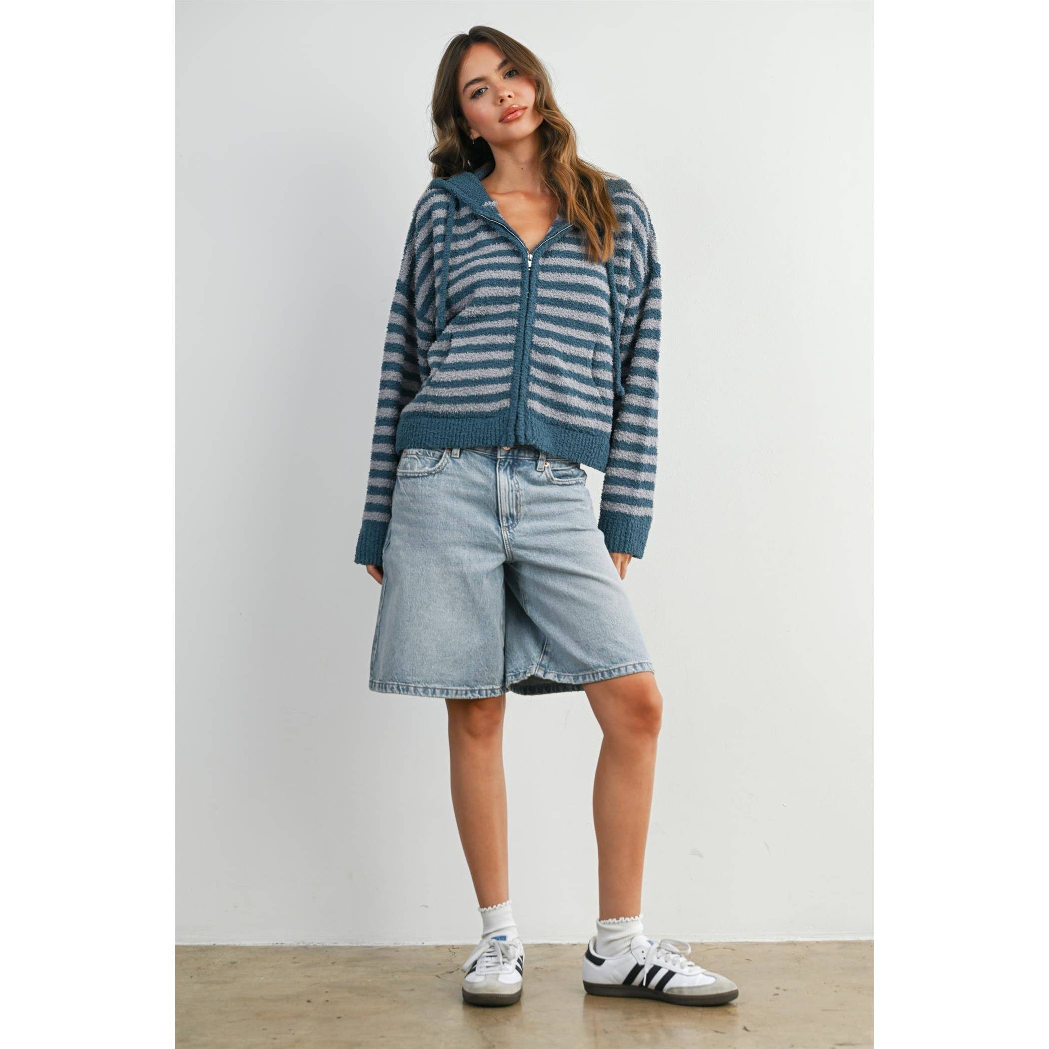 BUTTERMELON - Wholesale Knit Sweater - Women's - Striped Zip-Up Hooded Cardigan - BMC80970