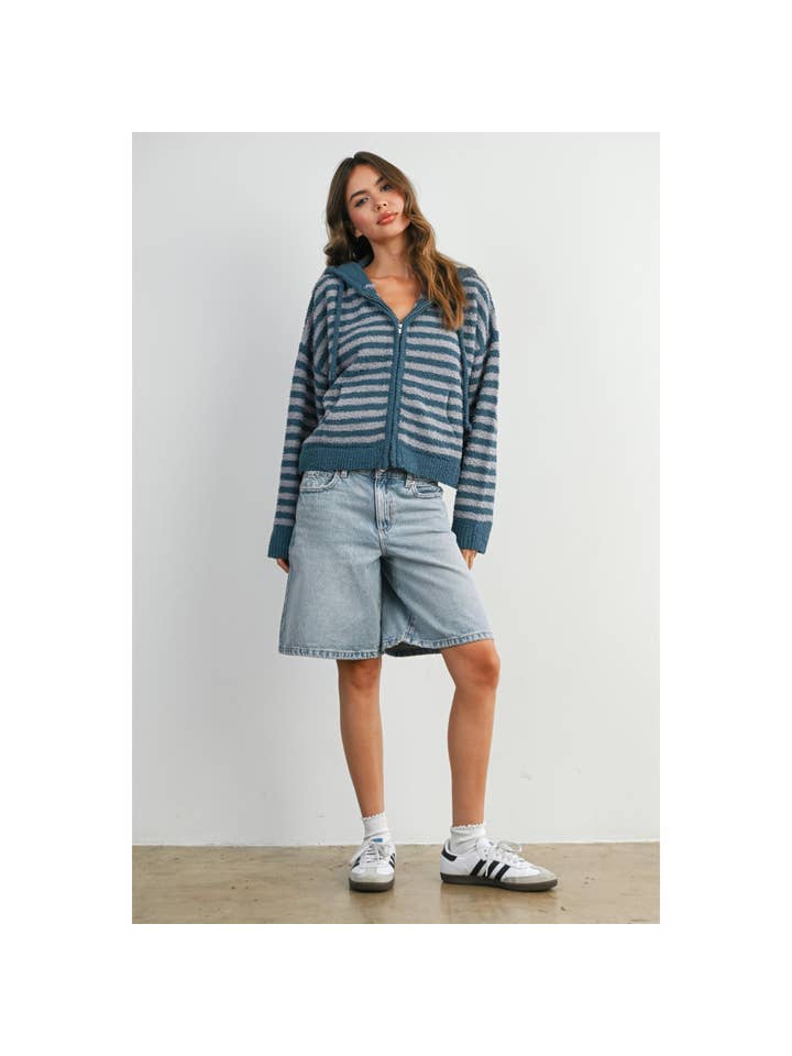 BUTTERMELON - Wholesale Knit Sweater - Women's - Striped Zip-Up Hooded Cardigan - BMC8097