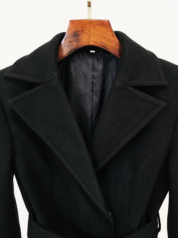 CT027 Elegant Long Black Wool Coat with Gold Accents for wholesale on Faire3